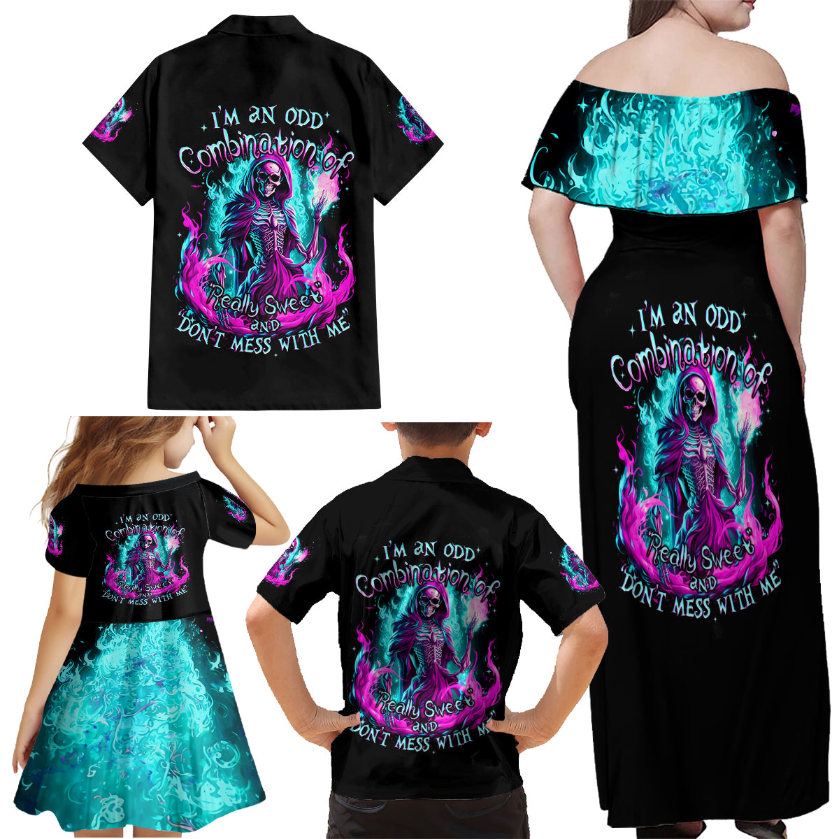 Flame Witch Skull Family Matching Off Shoulder Maxi Dress and Hawaiian Shirt I'm An Odd Combination Of Sweet And Don't Mess With Me - Wonder Print Shop