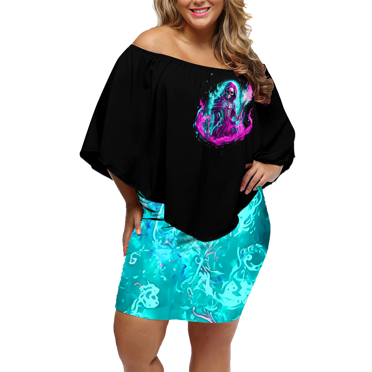 Flame Witch Skull Family Matching Off Shoulder Short Dress and Hawaiian Shirt I'm An Odd Combination Of Sweet And Don't Mess With Me - Wonder Print Shop
