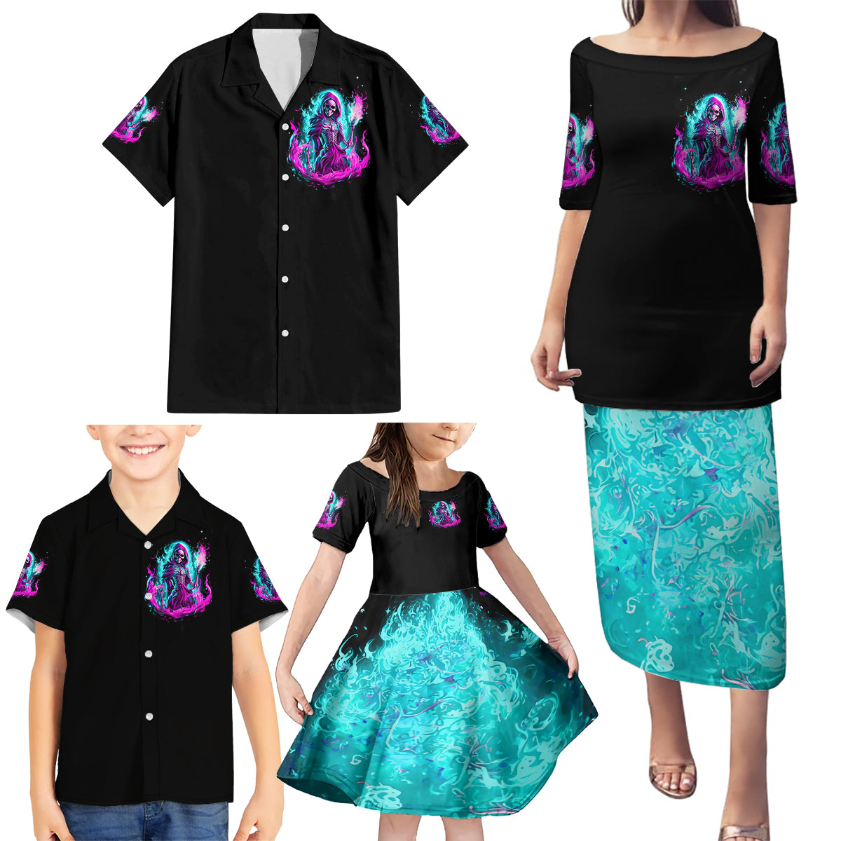 Flame Witch Skull Family Matching Puletasi Dress and Hawaiian Shirt I'm An Odd Combination Of Sweet And Don't Mess With Me - Wonder Print Shop