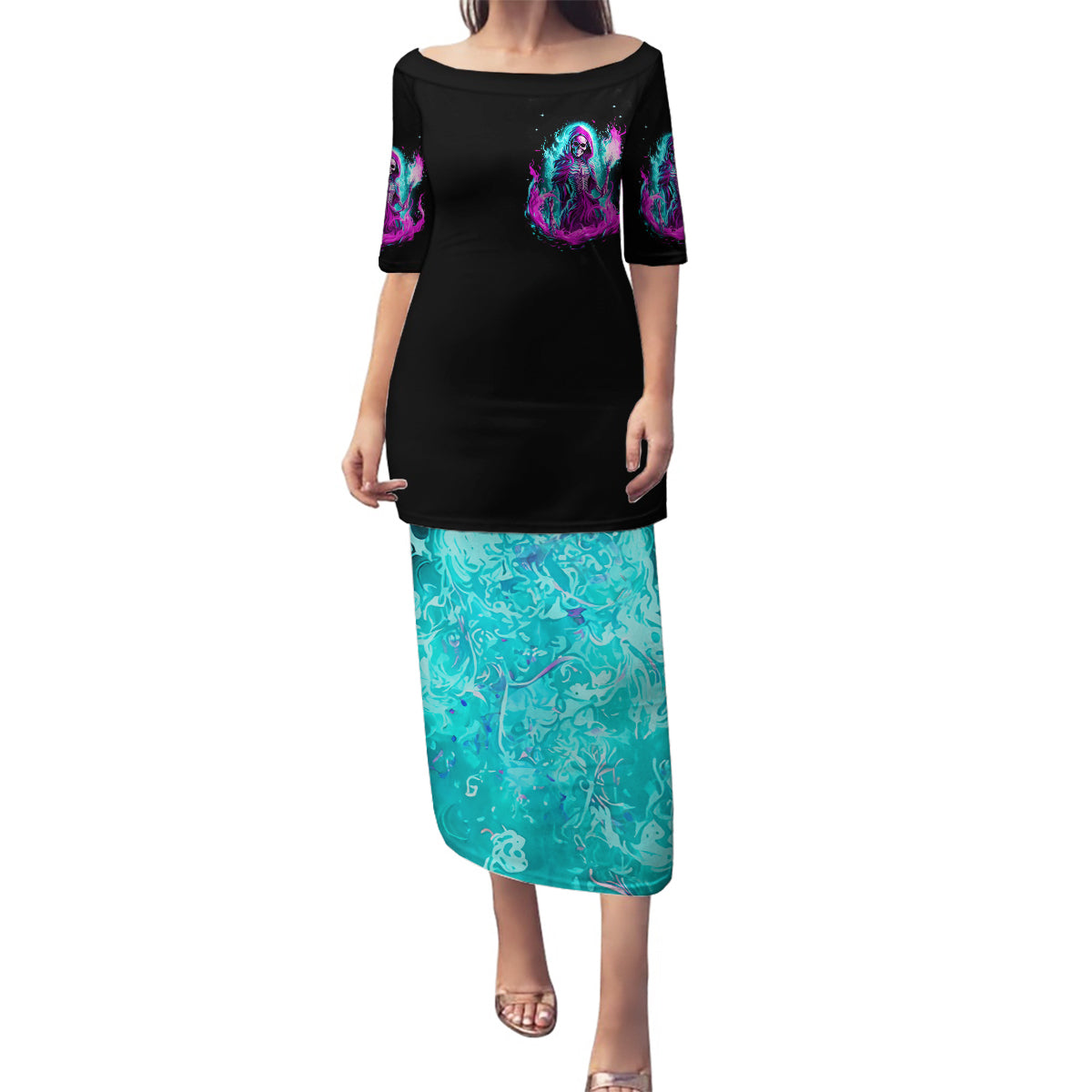 Flame Witch Skull Family Matching Puletasi Dress and Hawaiian Shirt I'm An Odd Combination Of Sweet And Don't Mess With Me - Wonder Print Shop