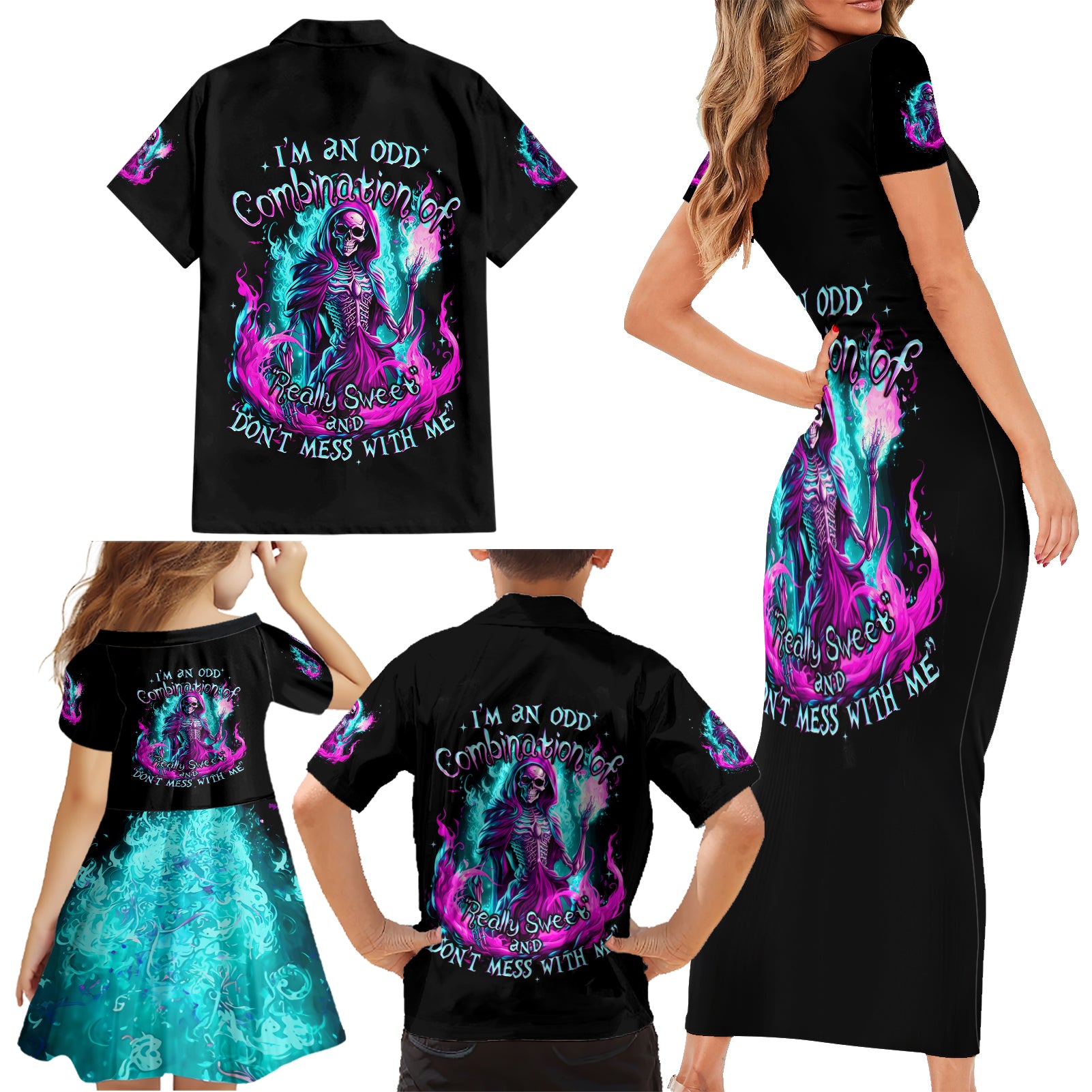 Flame Witch Skull Family Matching Short Sleeve Bodycon Dress and Hawaiian Shirt I'm An Odd Combination Of Sweet And Don't Mess With Me - Wonder Print Shop