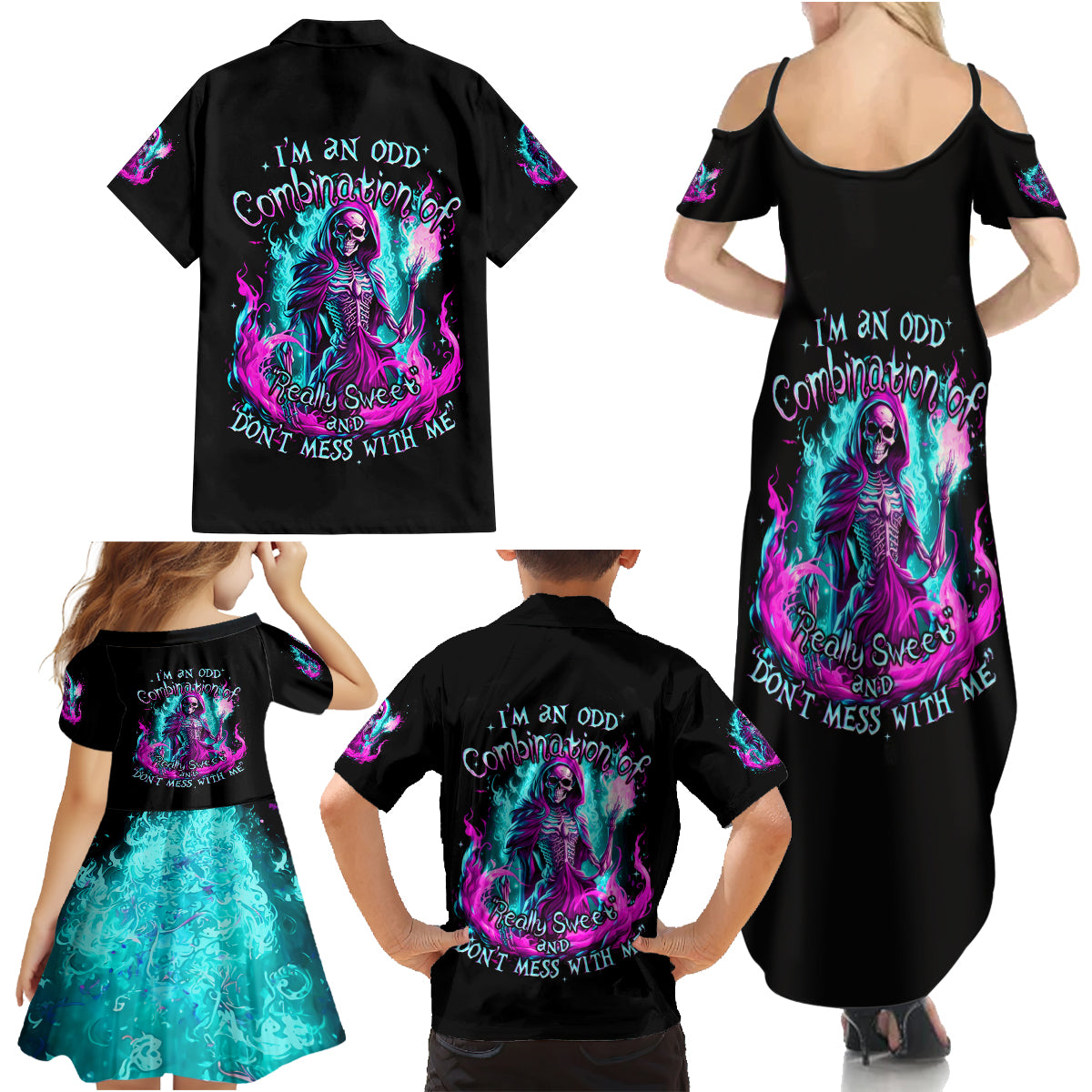 Flame Witch Skull Family Matching Summer Maxi Dress and Hawaiian Shirt I'm An Odd Combination Of Sweet And Don't Mess With Me - Wonder Print Shop