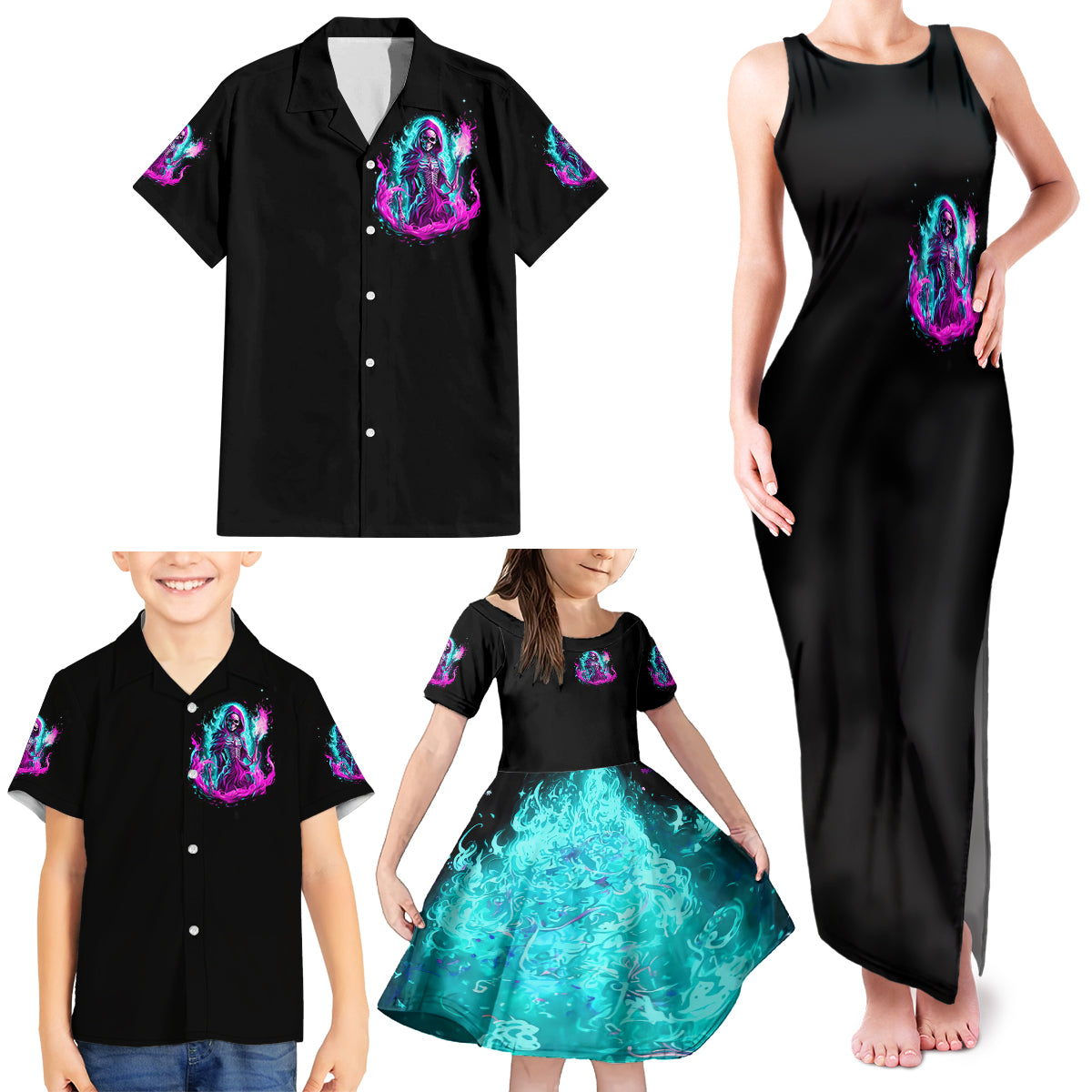 Flame Witch Skull Family Matching Tank Maxi Dress and Hawaiian Shirt I'm An Odd Combination Of Sweet And Don't Mess With Me - Wonder Print Shop
