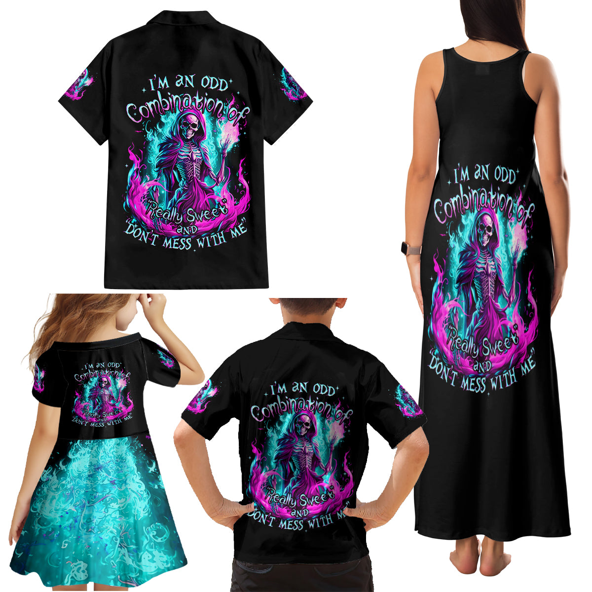 Flame Witch Skull Family Matching Tank Maxi Dress and Hawaiian Shirt I'm An Odd Combination Of Sweet And Don't Mess With Me - Wonder Print Shop
