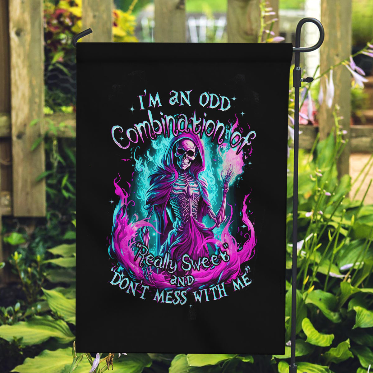 Flame Witch Skull Garden Flag I'm An Odd Combination Of Sweet And Don't Mess With Me - Wonder Print Shop