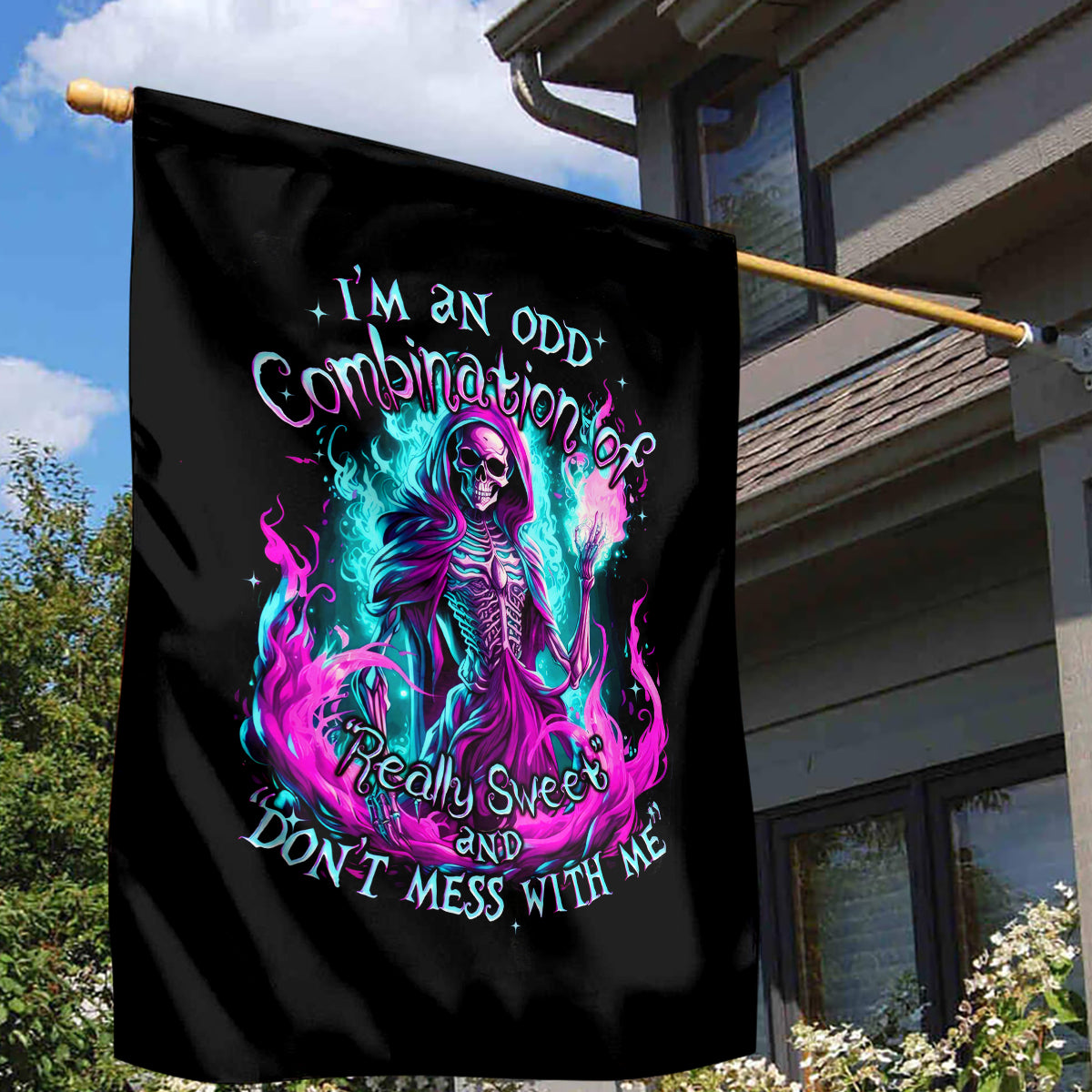 Flame Witch Skull Garden Flag I'm An Odd Combination Of Sweet And Don't Mess With Me - Wonder Print Shop