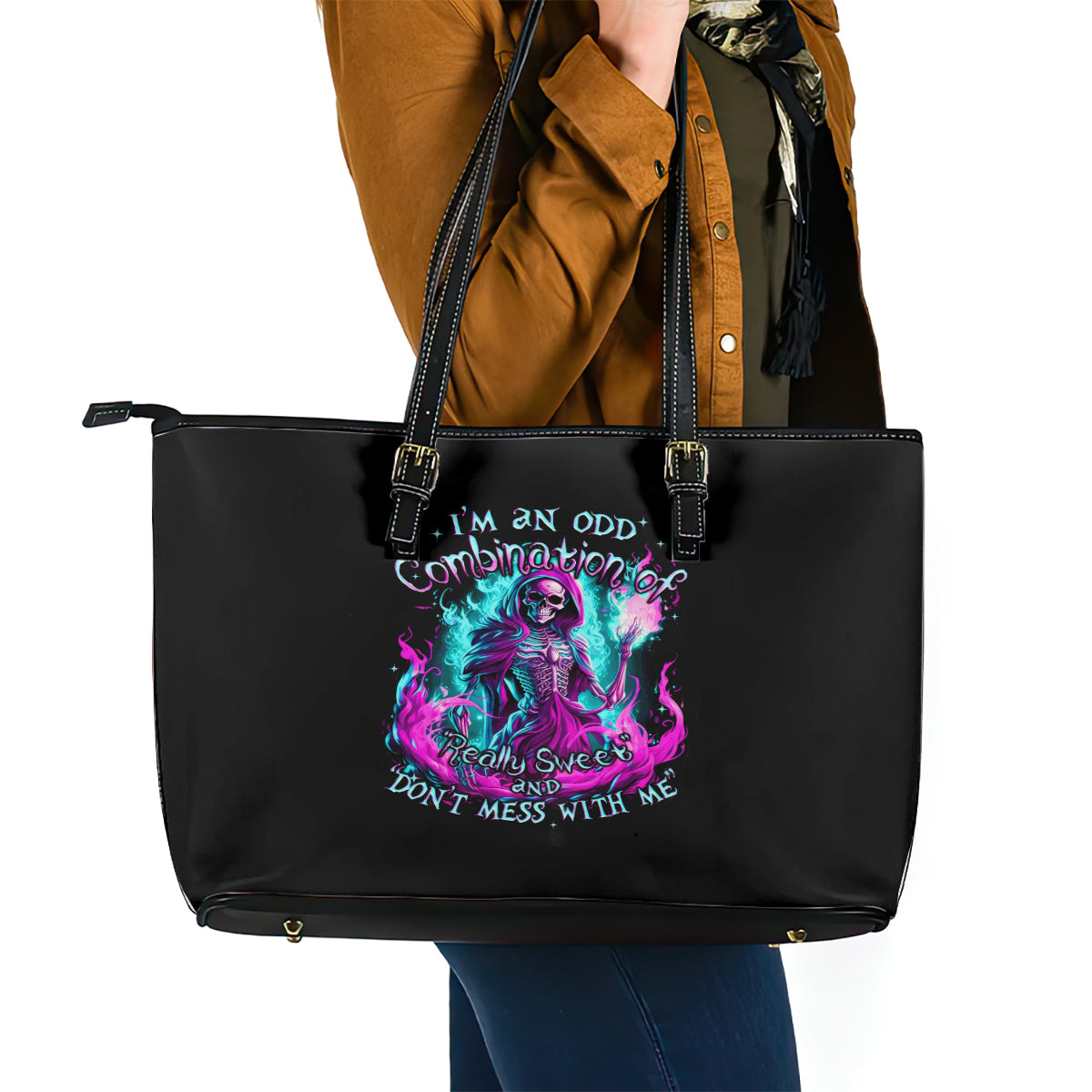 Flame Witch Skull Leather Tote Bag I'm An Odd Combination Of Sweet And Don't Mess With Me - Wonder Print Shop
