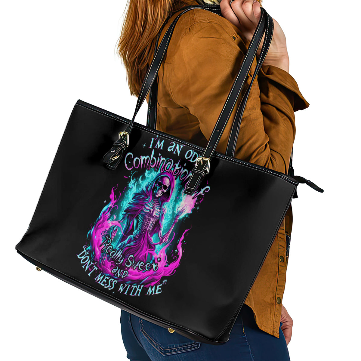 Flame Witch Skull Leather Tote Bag I'm An Odd Combination Of Sweet And Don't Mess With Me - Wonder Print Shop