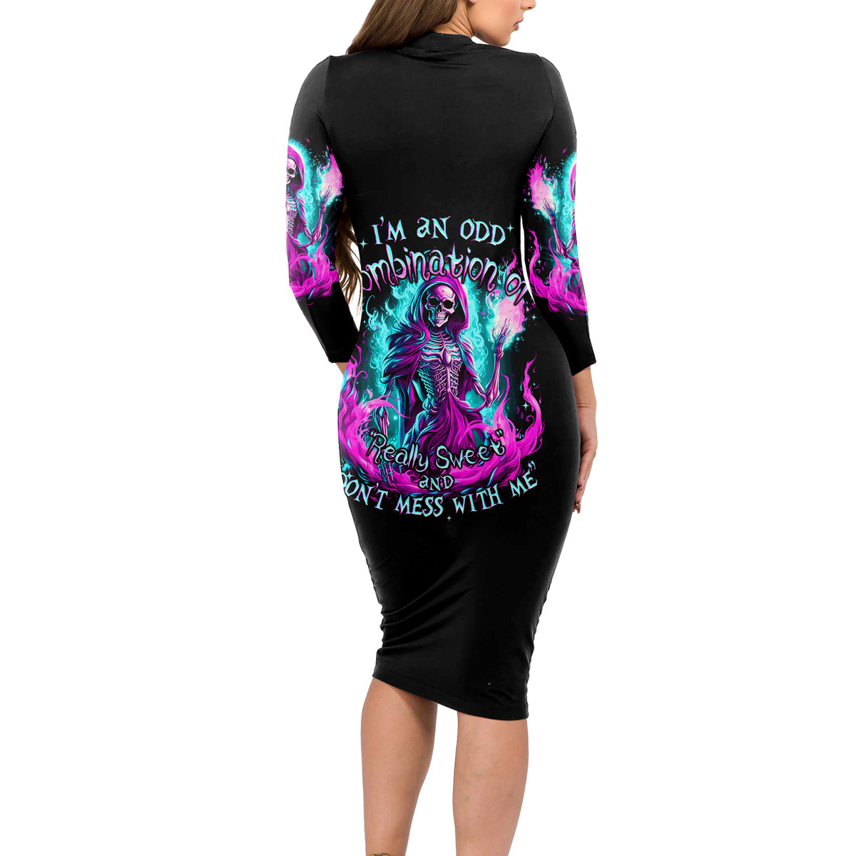 Flame Witch Skull Long Sleeve Bodycon Dress I'm An Odd Combination Of Sweet And Don't Mess With Me - Wonder Print Shop