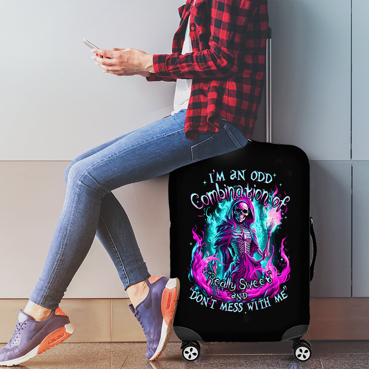 Flame Witch Skull Luggage Cover I'm An Odd Combination Of Sweet And Don't Mess With Me - Wonder Print Shop