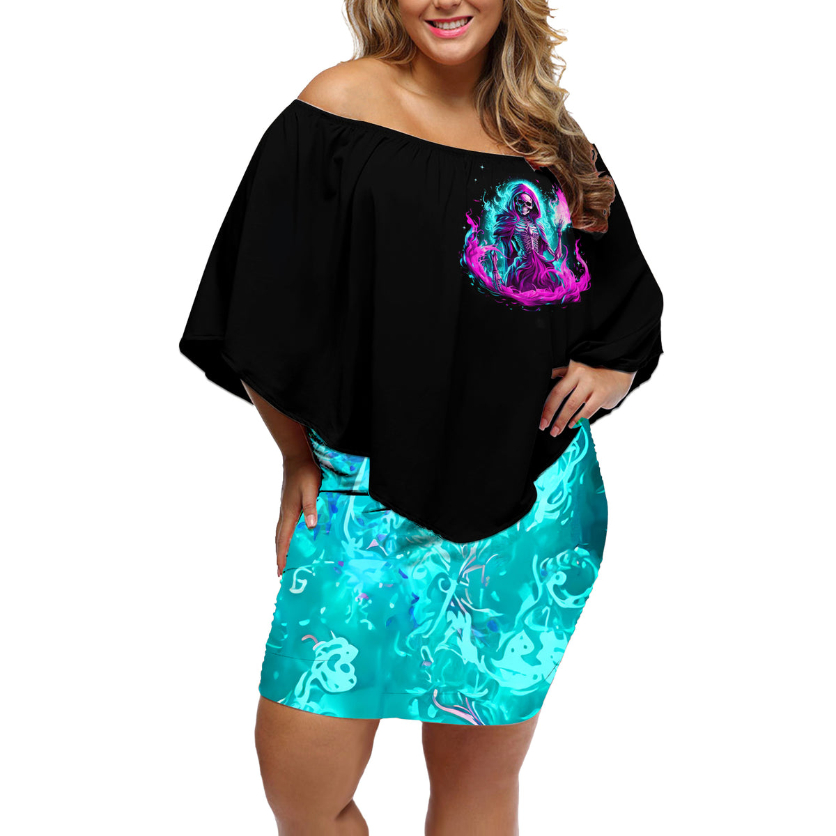 Flame Witch Skull Off Shoulder Short Dress I'm An Odd Combination Of Sweet And Don't Mess With Me - Wonder Print Shop