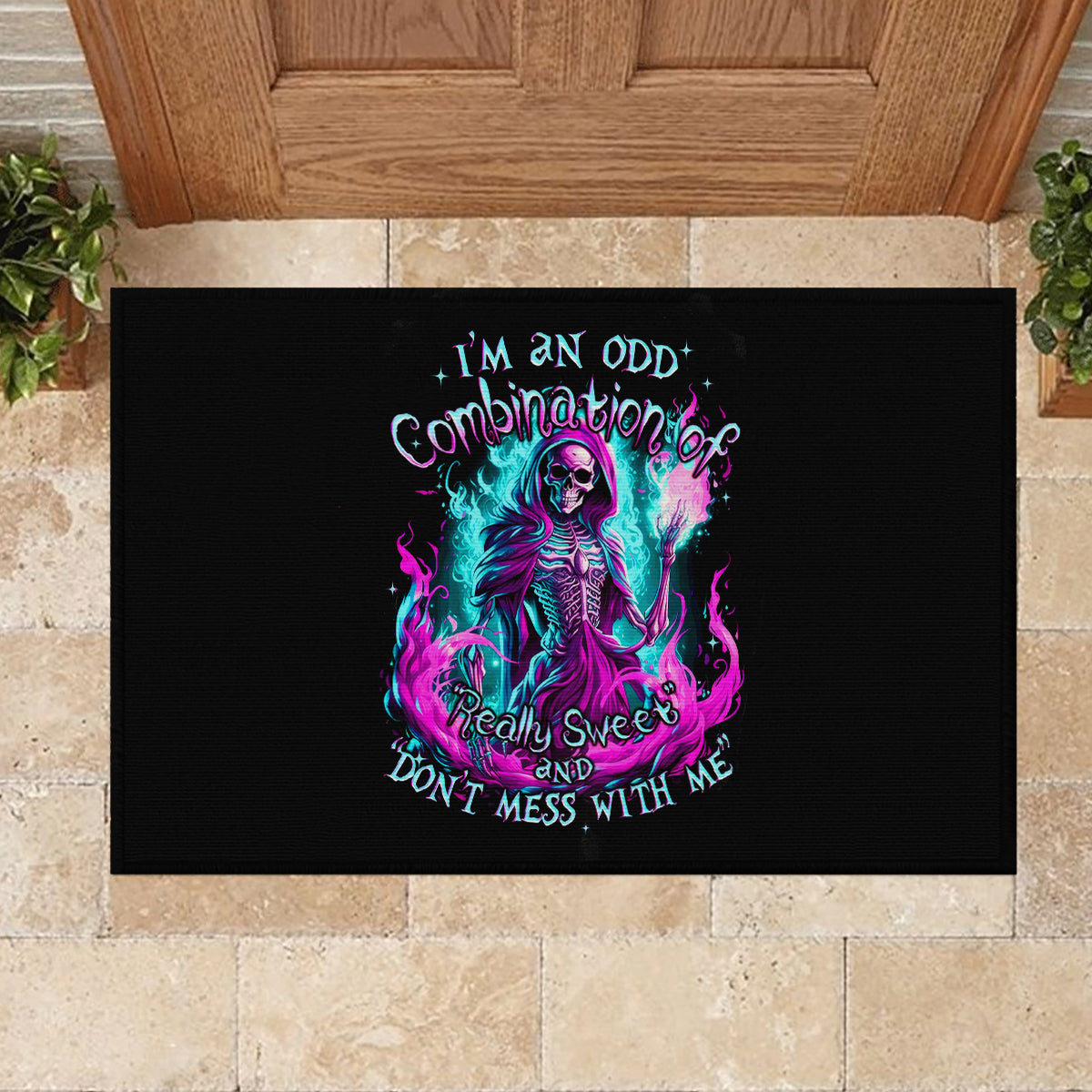 Flame Witch Skull Rubber Doormat I'm An Odd Combination Of Sweet And Don't Mess With Me - Wonder Print Shop