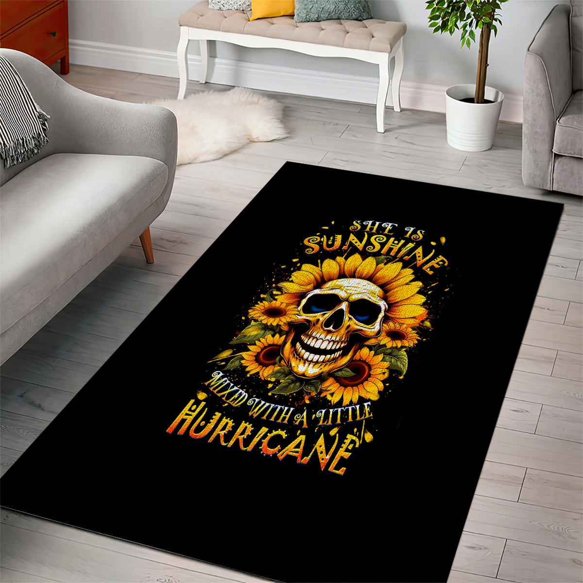 Sunflower Skull Area Rug She Is Sunshine Mixed With A Little Hurricance - Wonder Print Shop
