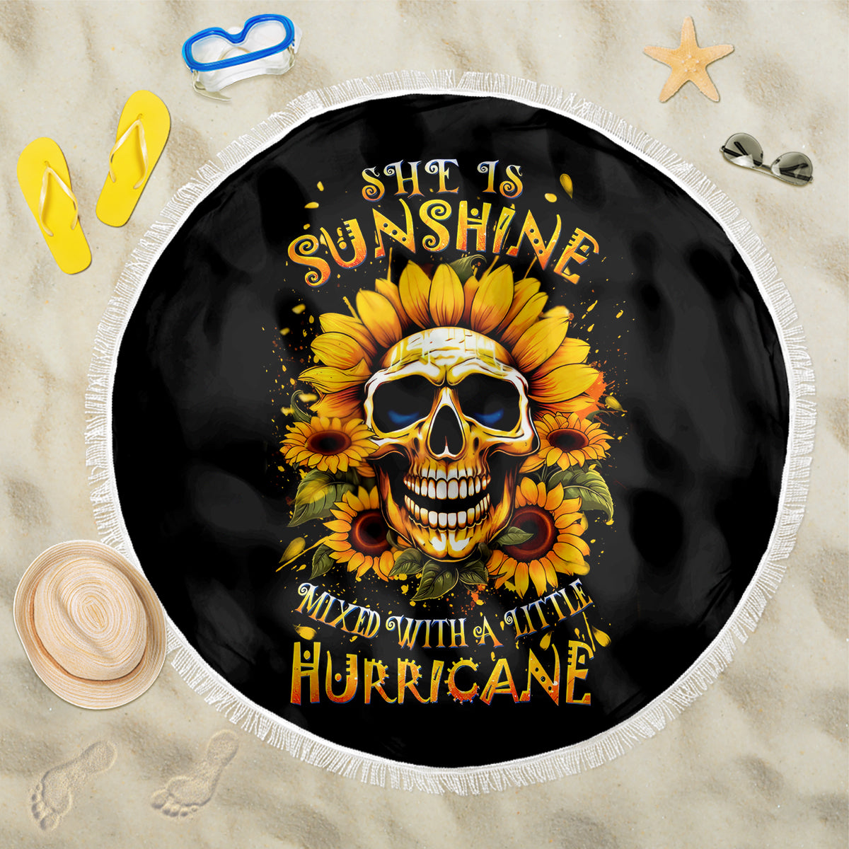 Sunflower Skull Beach Blanket She Is Sunshine Mixed With A Little Hurricance - Wonder Print Shop