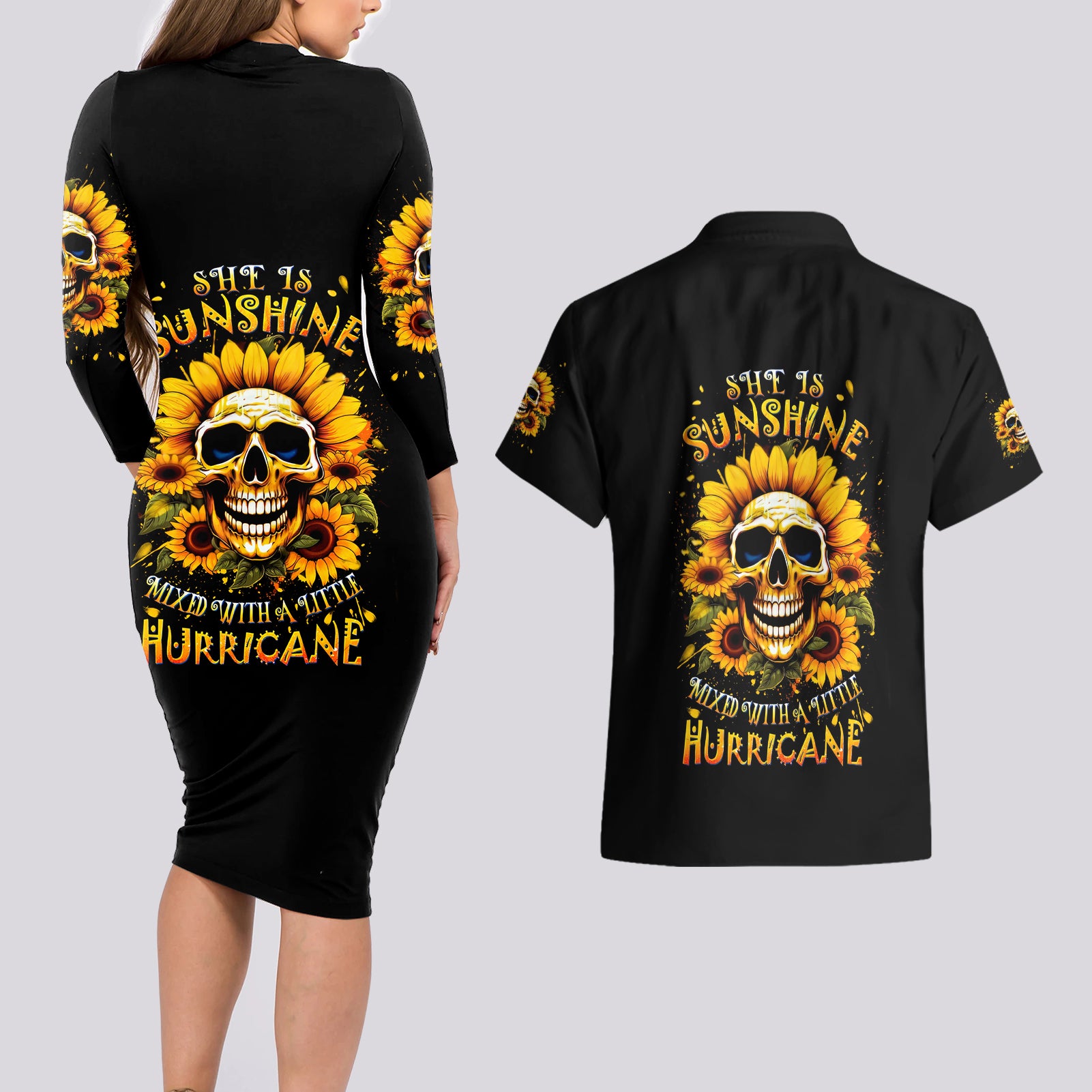 Sunflower Skull Couples Matching Long Sleeve Bodycon Dress and Hawaiian Shirt She Is Sunshine Mixed With A Little Hurricance - Wonder Print Shop