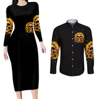 Sunflower Skull Couples Matching Long Sleeve Bodycon Dress and Long Sleeve Button Shirt She Is Sunshine Mixed With A Little Hurricance - Wonder Print Shop