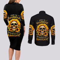 Sunflower Skull Couples Matching Long Sleeve Bodycon Dress and Long Sleeve Button Shirt She Is Sunshine Mixed With A Little Hurricance - Wonder Print Shop