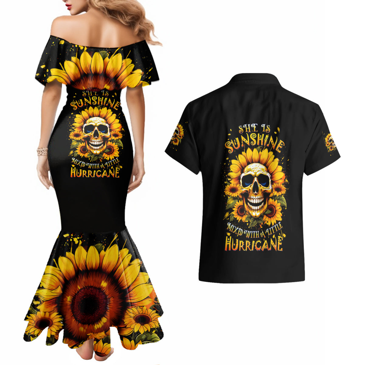 Sunflower Skull Couples Matching Mermaid Dress and Hawaiian Shirt She Is Sunshine Mixed With A Little Hurricance - Wonder Print Shop