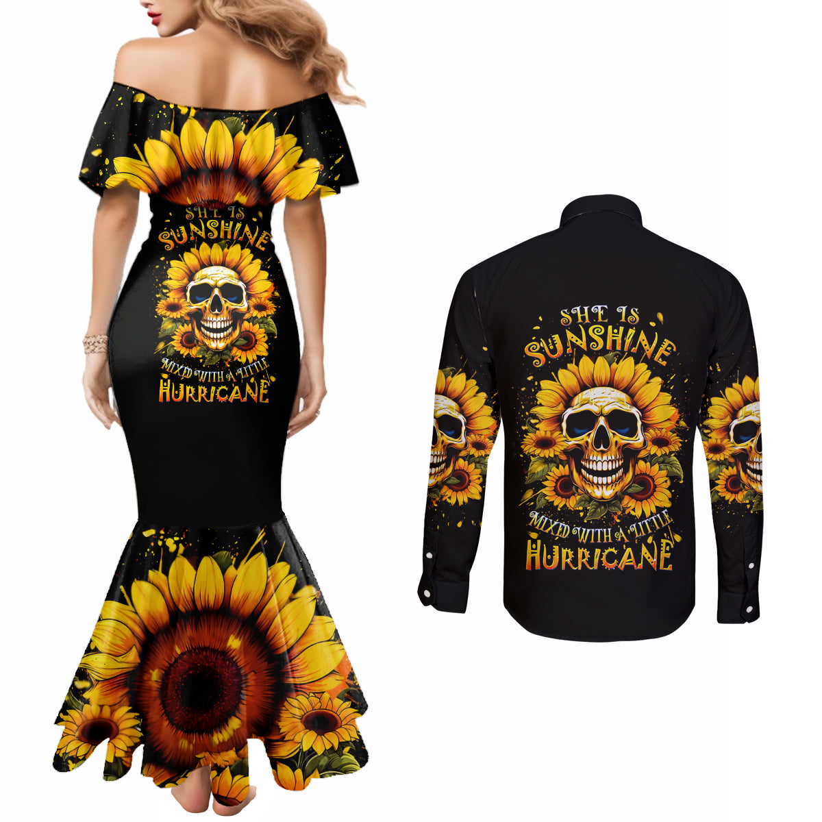 Sunflower Skull Couples Matching Mermaid Dress and Long Sleeve Button Shirt She Is Sunshine Mixed With A Little Hurricance DT01