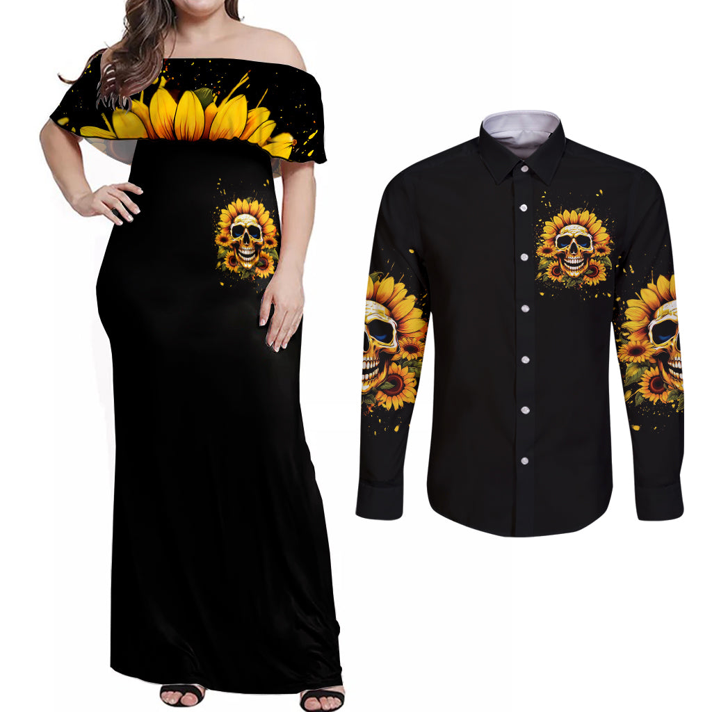 Sunflower Skull Couples Matching Off Shoulder Maxi Dress and Long Sleeve Button Shirt She Is Sunshine Mixed With A Little Hurricance - Wonder Print Shop