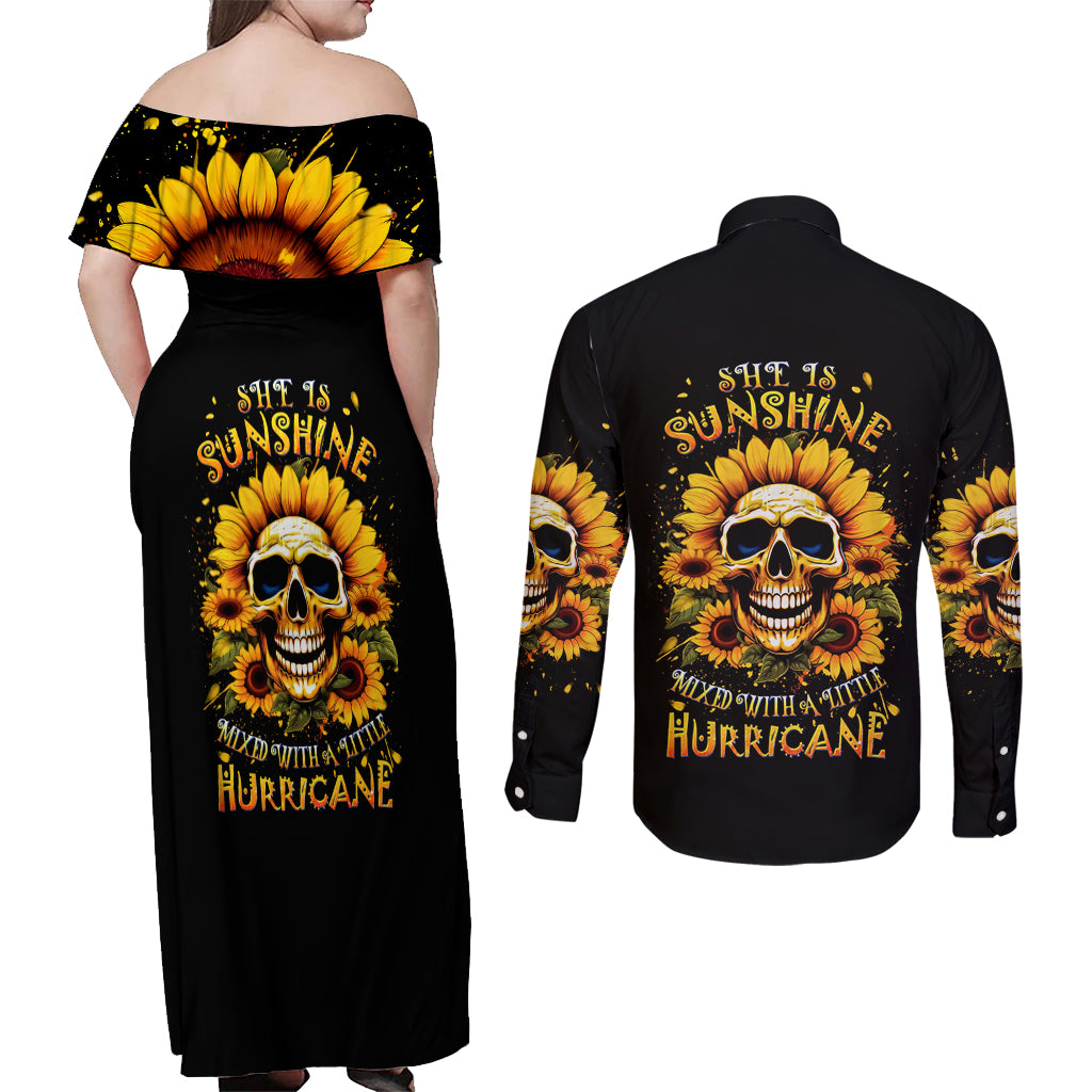 Sunflower Skull Couples Matching Off Shoulder Maxi Dress and Long Sleeve Button Shirt She Is Sunshine Mixed With A Little Hurricance - Wonder Print Shop