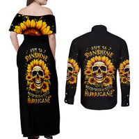 Sunflower Skull Couples Matching Off Shoulder Maxi Dress and Long Sleeve Button Shirt She Is Sunshine Mixed With A Little Hurricance - Wonder Print Shop