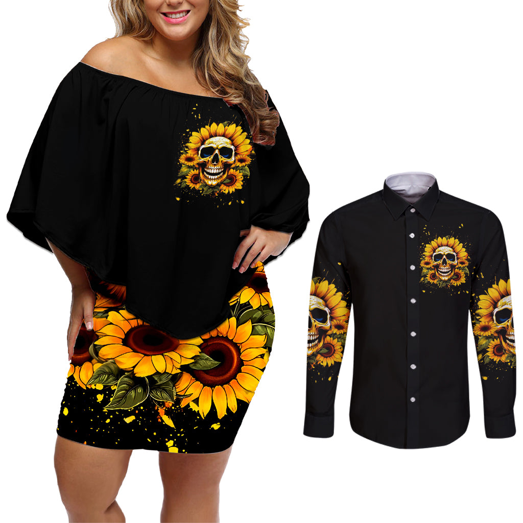Sunflower Skull Couples Matching Off Shoulder Short Dress and Long Sleeve Button Shirt She Is Sunshine Mixed With A Little Hurricance - Wonder Print Shop
