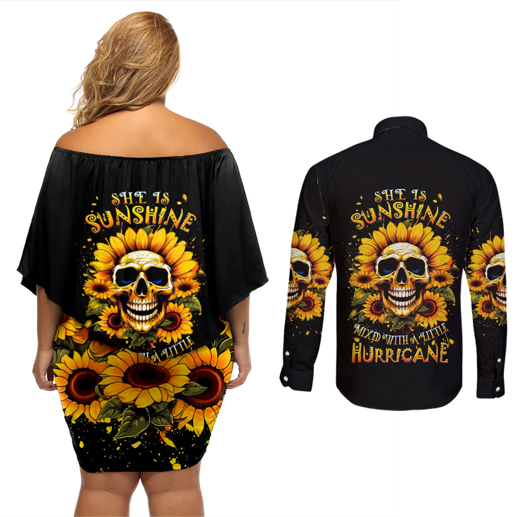 Sunflower Skull Couples Matching Off Shoulder Short Dress and Long Sleeve Button Shirt She Is Sunshine Mixed With A Little Hurricance - Wonder Print Shop