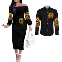Sunflower Skull Couples Matching Off The Shoulder Long Sleeve Dress and Long Sleeve Button Shirt She Is Sunshine Mixed With A Little Hurricance DT01