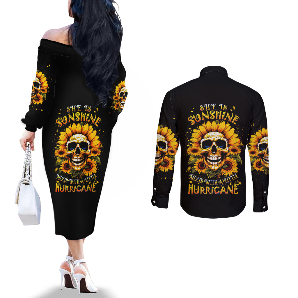 Sunflower Skull Couples Matching Off The Shoulder Long Sleeve Dress and Long Sleeve Button Shirt She Is Sunshine Mixed With A Little Hurricance DT01