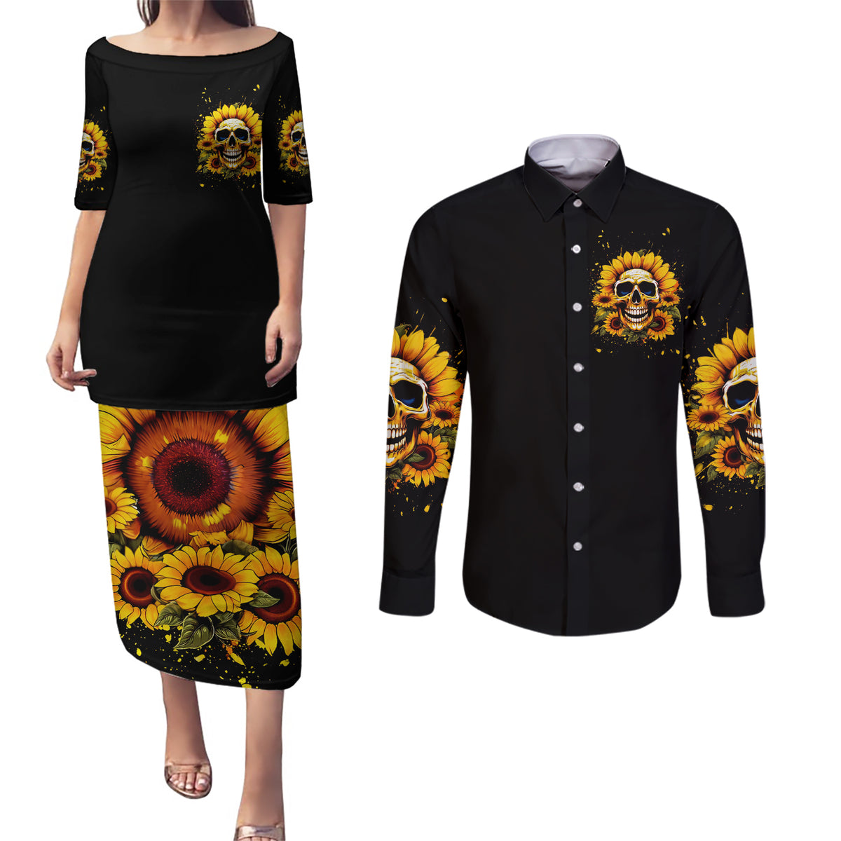 Sunflower Skull Couples Matching Puletasi Dress and Long Sleeve Button Shirt She Is Sunshine Mixed With A Little Hurricance - Wonder Print Shop