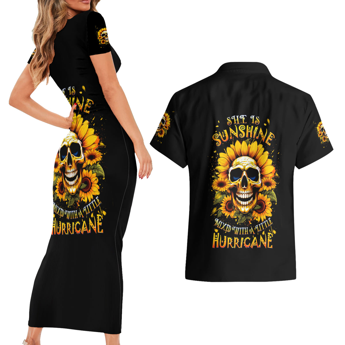 Sunflower Skull Couples Matching Short Sleeve Bodycon Dress and Hawaiian Shirt She Is Sunshine Mixed With A Little Hurricance - Wonder Print Shop