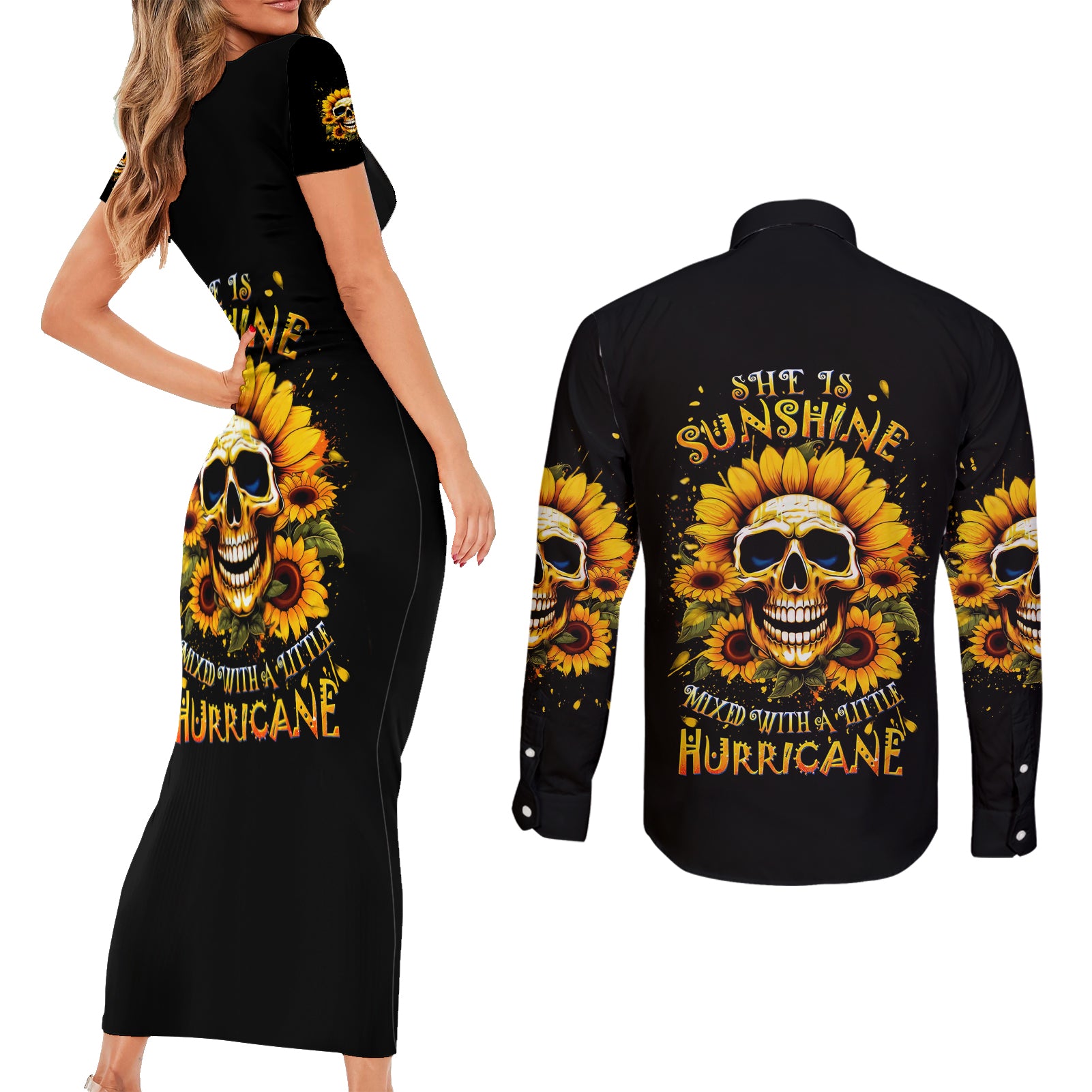 Sunflower Skull Couples Matching Short Sleeve Bodycon Dress and Long Sleeve Button Shirt She Is Sunshine Mixed With A Little Hurricance - Wonder Print Shop