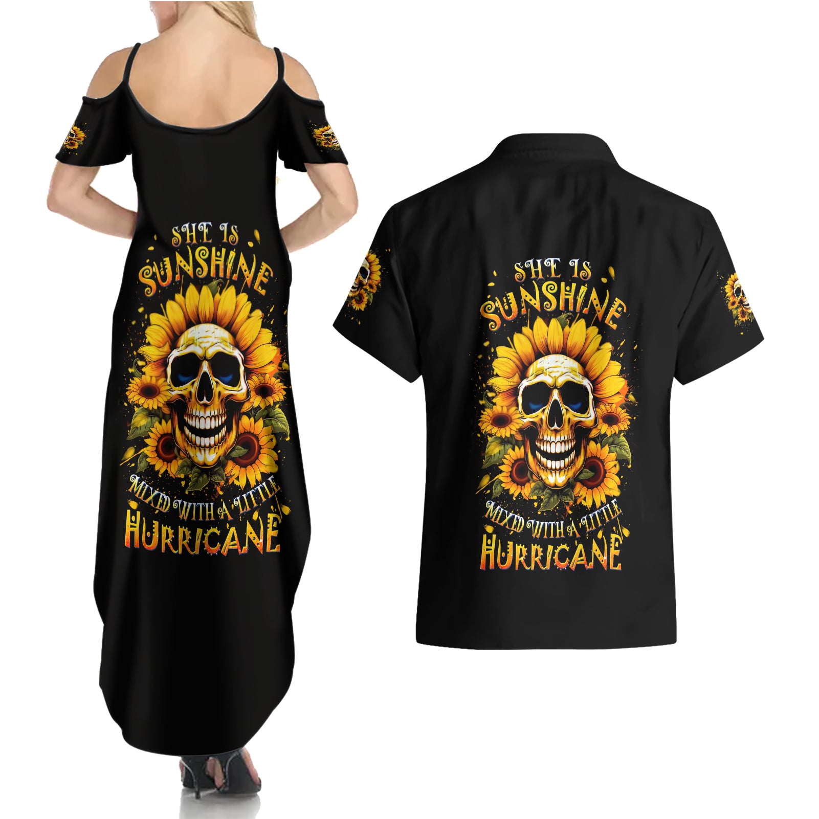 Sunflower Skull Couples Matching Summer Maxi Dress and Hawaiian Shirt She Is Sunshine Mixed With A Little Hurricance - Wonder Print Shop
