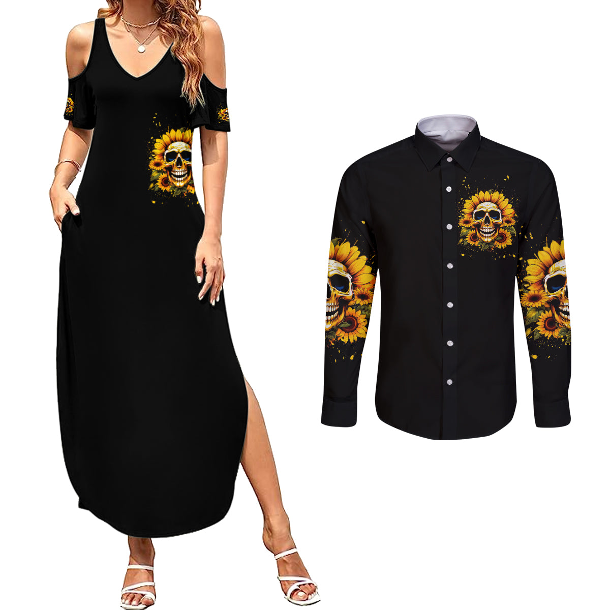 Sunflower Skull Couples Matching Summer Maxi Dress and Long Sleeve Button Shirt She Is Sunshine Mixed With A Little Hurricance - Wonder Print Shop