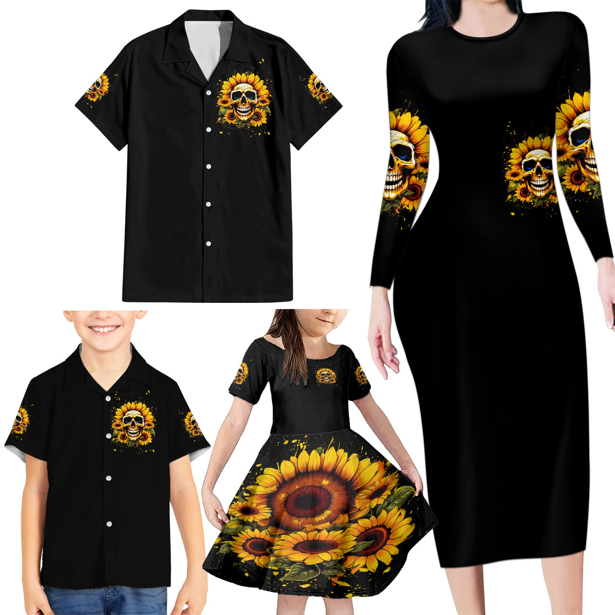 Sunflower Skull Family Matching Long Sleeve Bodycon Dress and Hawaiian Shirt She Is Sunshine Mixed With A Little Hurricance - Wonder Print Shop