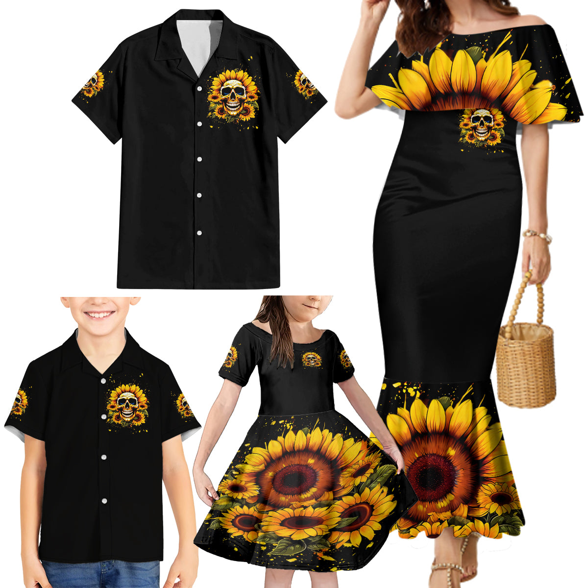 Sunflower Skull Family Matching Mermaid Dress and Hawaiian Shirt She Is Sunshine Mixed With A Little Hurricance - Wonder Print Shop