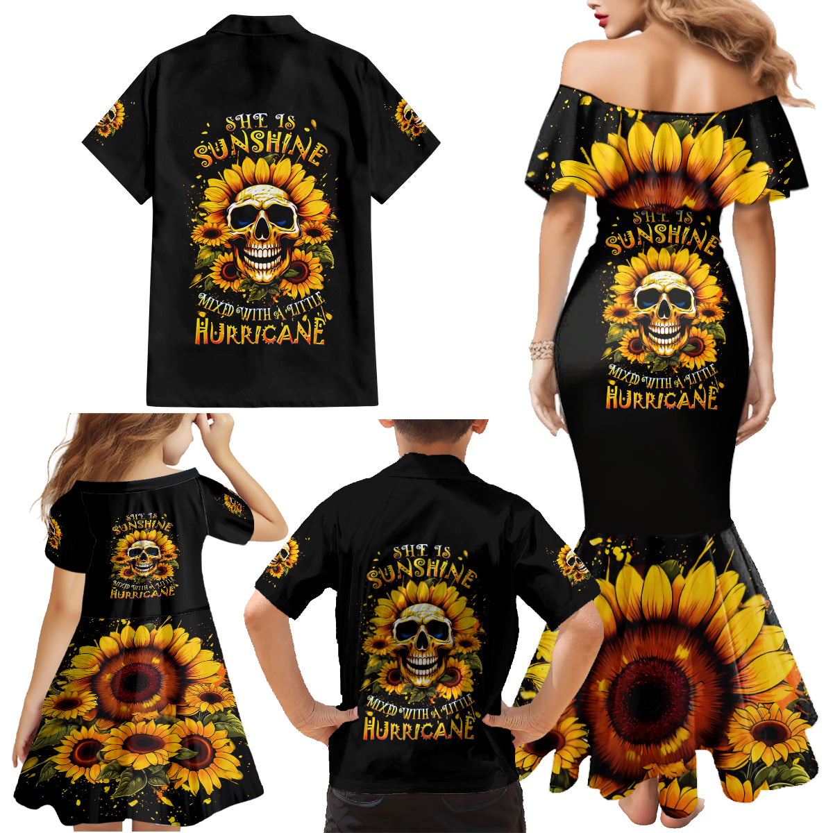 Sunflower Skull Family Matching Mermaid Dress and Hawaiian Shirt She Is Sunshine Mixed With A Little Hurricance - Wonder Print Shop