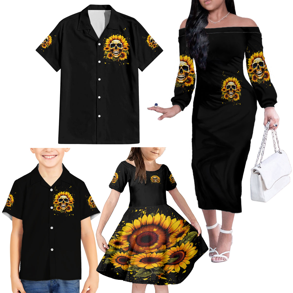 Sunflower Skull Family Matching Off Shoulder Long Sleeve Dress and Hawaiian Shirt She Is Sunshine Mixed With A Little Hurricance - Wonder Print Shop