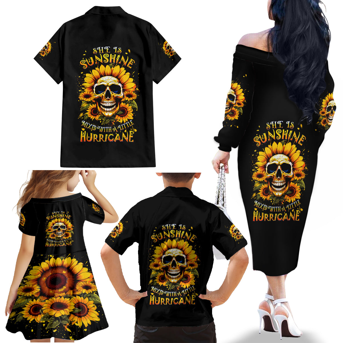 Sunflower Skull Family Matching Off Shoulder Long Sleeve Dress and Hawaiian Shirt She Is Sunshine Mixed With A Little Hurricance - Wonder Print Shop