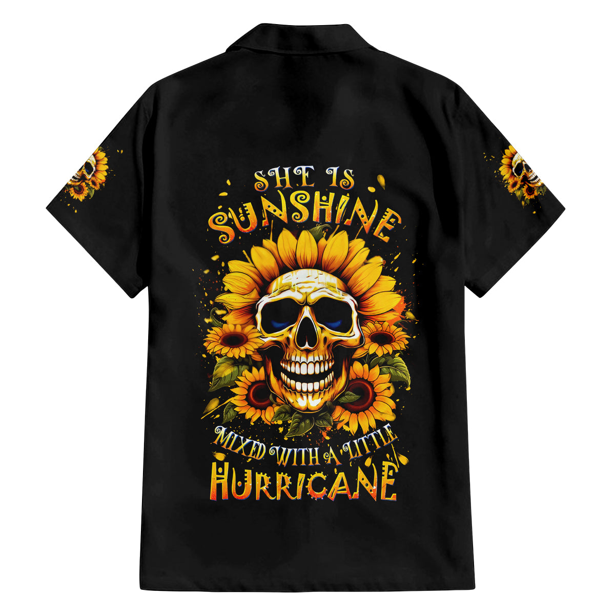 Sunflower Skull Family Matching Off Shoulder Long Sleeve Dress and Hawaiian Shirt She Is Sunshine Mixed With A Little Hurricance - Wonder Print Shop