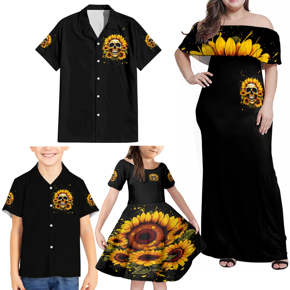 Sunflower Skull Family Matching Off Shoulder Maxi Dress and Hawaiian Shirt She Is Sunshine Mixed With A Little Hurricance - Wonder Print Shop