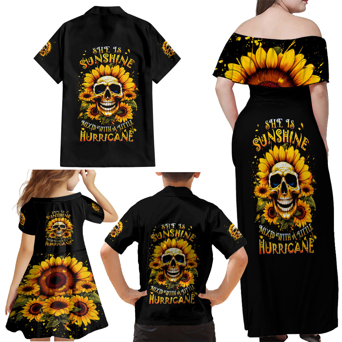 Sunflower Skull Family Matching Off Shoulder Maxi Dress and Hawaiian Shirt She Is Sunshine Mixed With A Little Hurricance - Wonder Print Shop