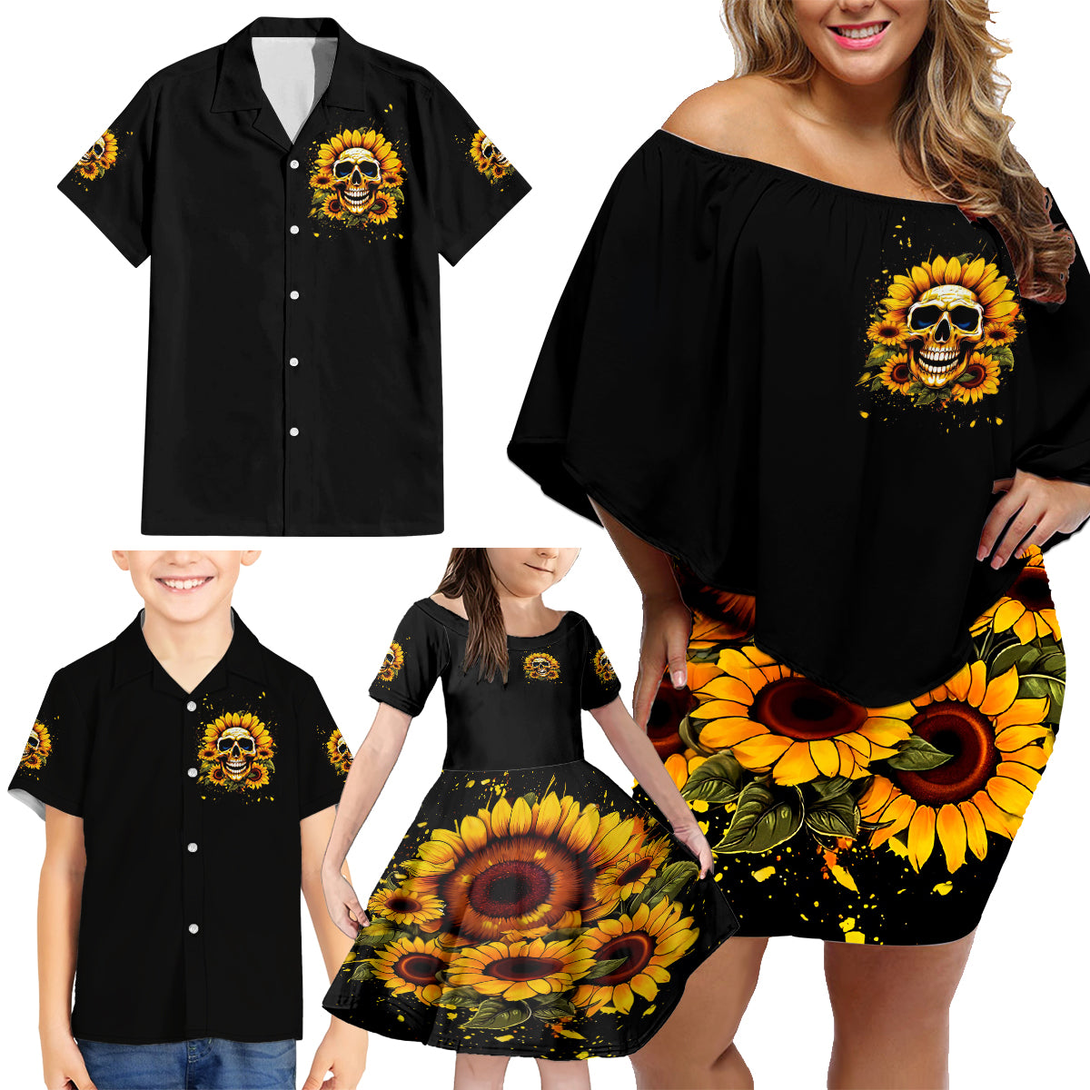 Sunflower Skull Family Matching Off Shoulder Short Dress and Hawaiian Shirt She Is Sunshine Mixed With A Little Hurricance - Wonder Print Shop