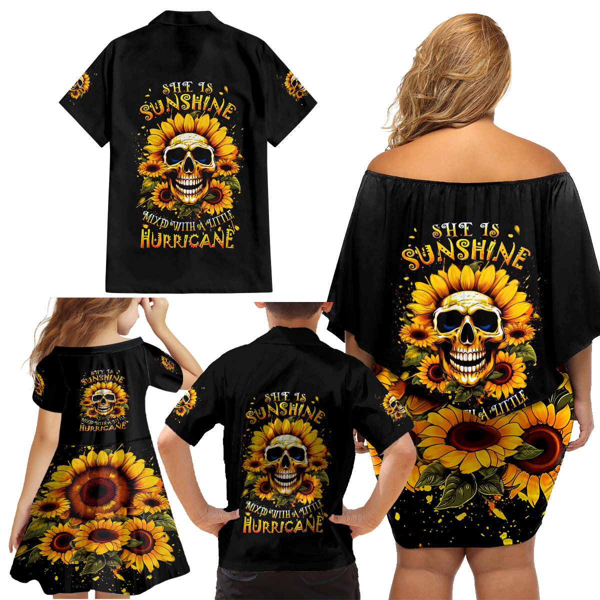 Sunflower Skull Family Matching Off Shoulder Short Dress and Hawaiian Shirt She Is Sunshine Mixed With A Little Hurricance - Wonder Print Shop