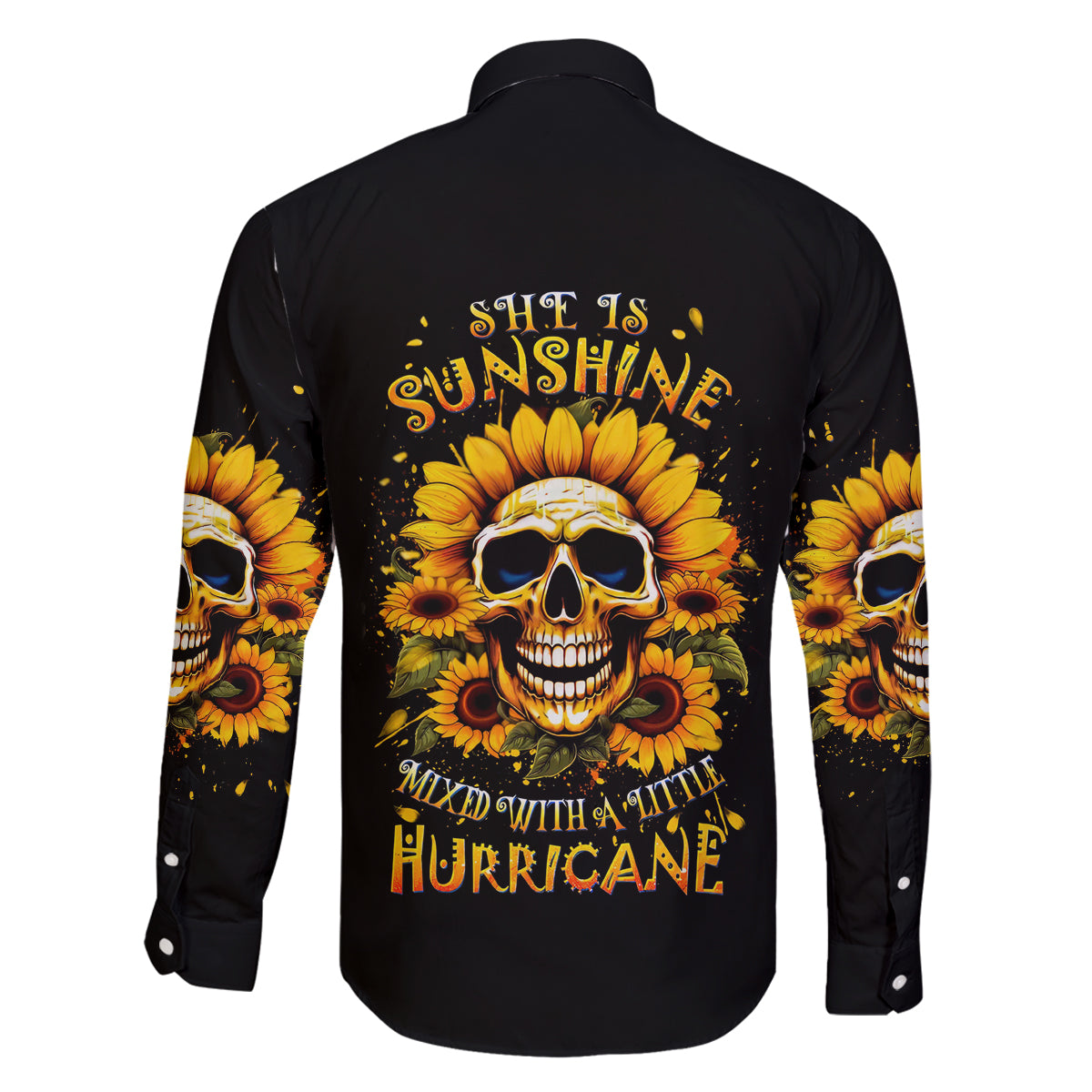 Sunflower Skull Family Matching Off Shoulder Short Dress and Hawaiian Shirt She Is Sunshine Mixed With A Little Hurricance - Wonder Print Shop