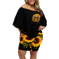 Sunflower Skull Family Matching Off Shoulder Short Dress and Hawaiian Shirt She Is Sunshine Mixed With A Little Hurricance - Wonder Print Shop