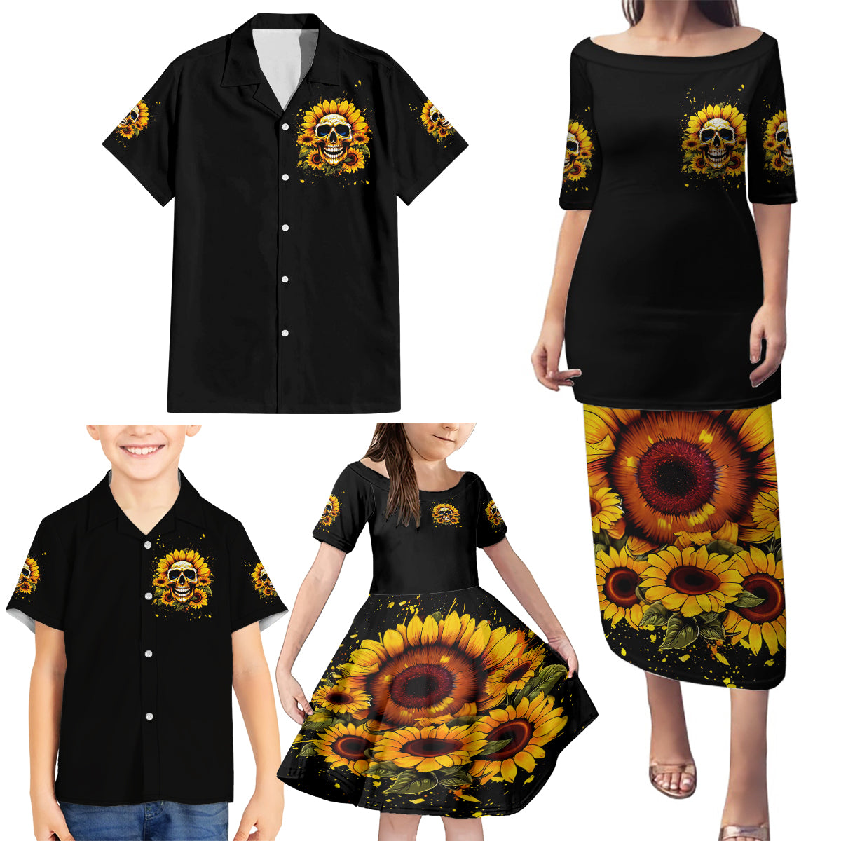 Sunflower Skull Family Matching Puletasi Dress and Hawaiian Shirt She Is Sunshine Mixed With A Little Hurricance - Wonder Print Shop
