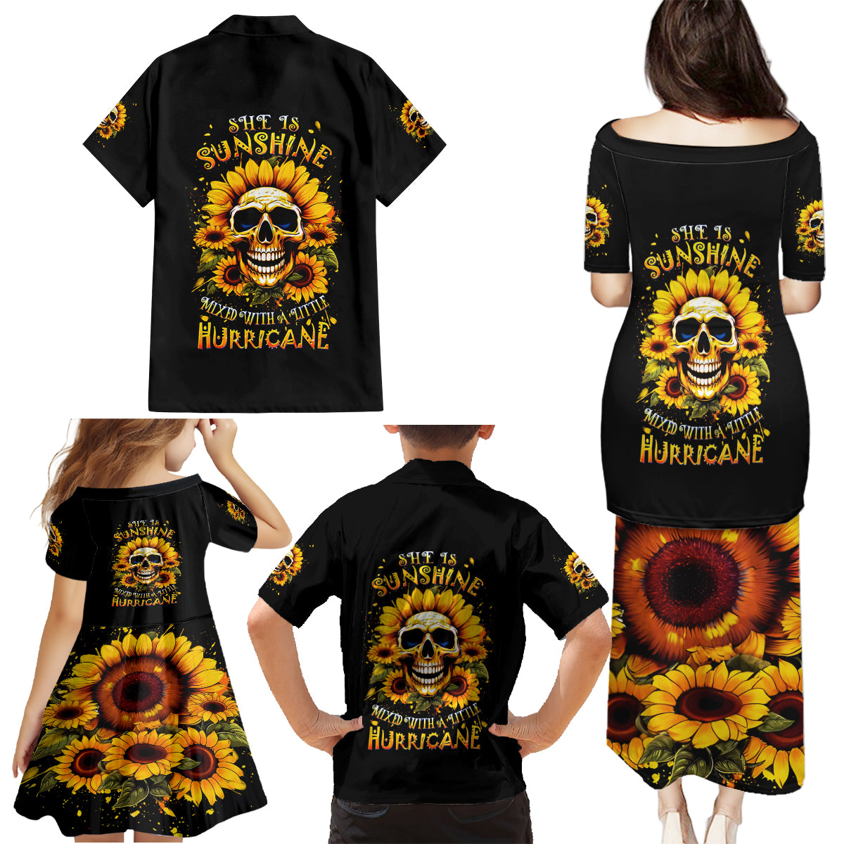 Sunflower Skull Family Matching Puletasi Dress and Hawaiian Shirt She Is Sunshine Mixed With A Little Hurricance - Wonder Print Shop