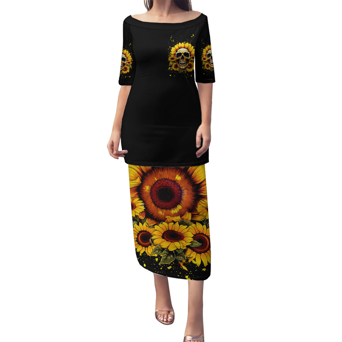 Sunflower Skull Family Matching Puletasi Dress and Hawaiian Shirt She Is Sunshine Mixed With A Little Hurricance - Wonder Print Shop